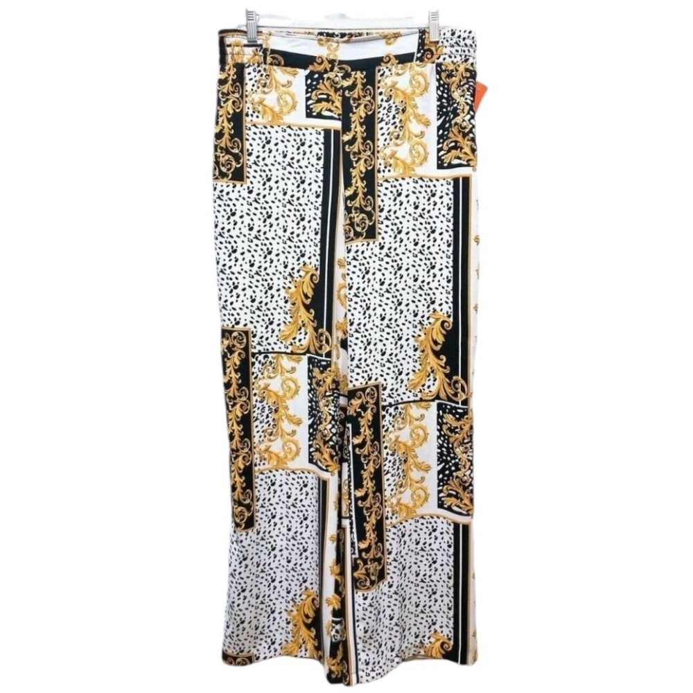 Peter Nygard size 14 white wide leg pants black & gold versace baroque pants